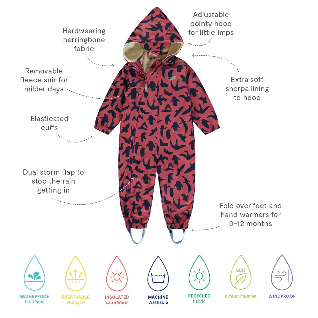 3 in 1 Waterproof Scampsuit, Mauvewood Birds