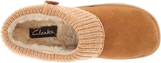 Clarks Cinnamon Knitted Collar Winter Clog Rounded Closed Toe Slipper-Wide