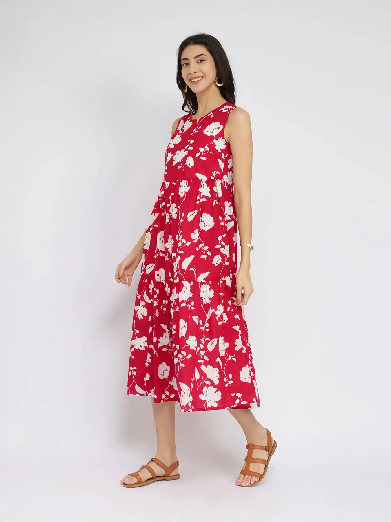 Cotton Floral Sleeveless Tiered Dress - Red & White
