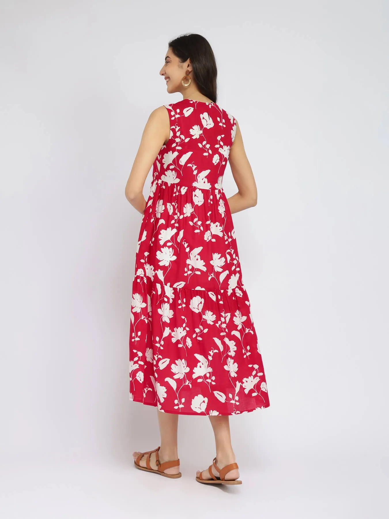 Cotton Floral Sleeveless Tiered Dress - Red & White
