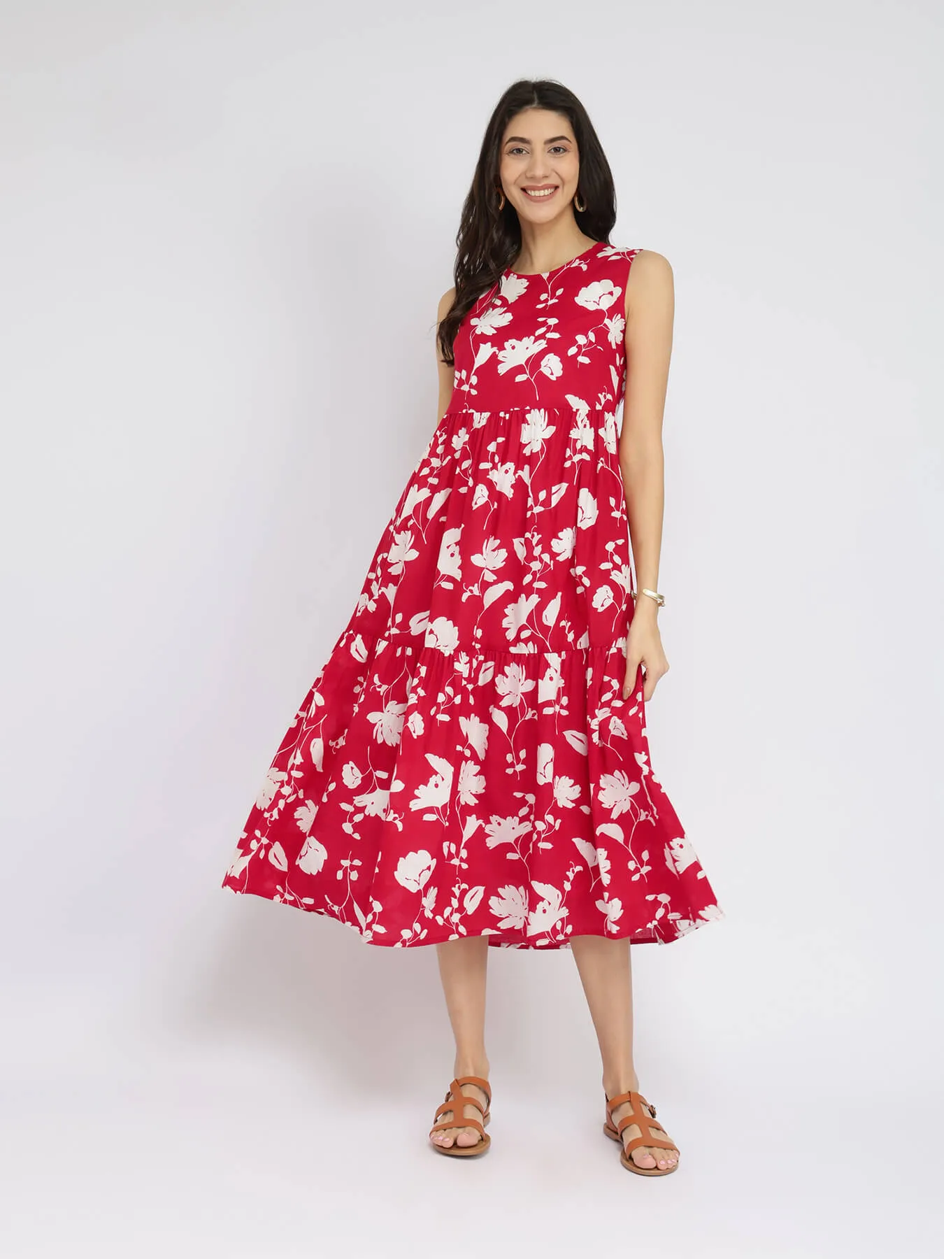 Cotton Floral Sleeveless Tiered Dress - Red & White