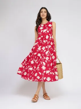 Cotton Floral Sleeveless Tiered Dress - Red & White