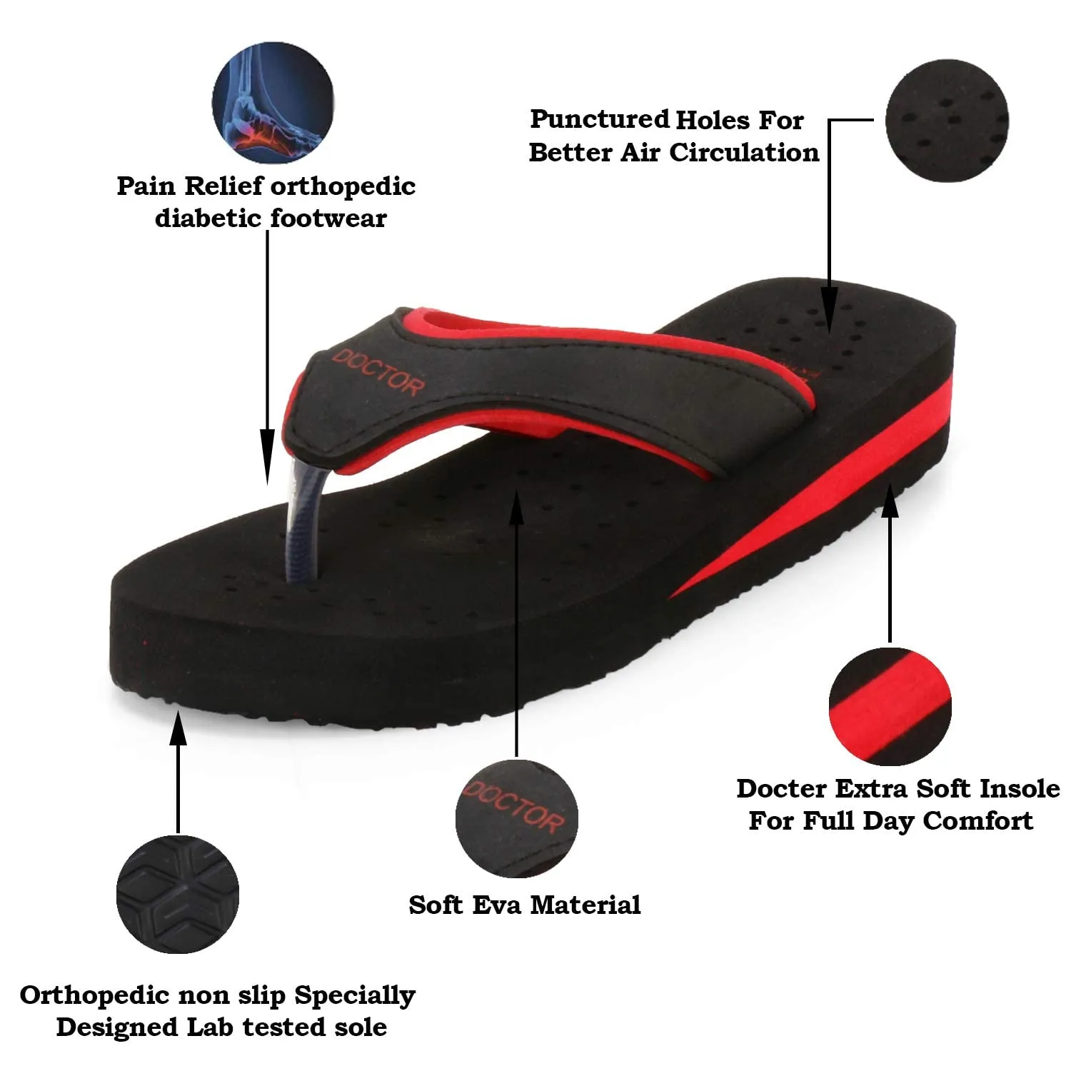 DOCTOR EXTRA SOFT Care Diabetic Orthopedic Pregnancy Flat Super Comfort Dr Flipflops and House Slippers For Women's and Girl's D-18-Black Red 3 UK