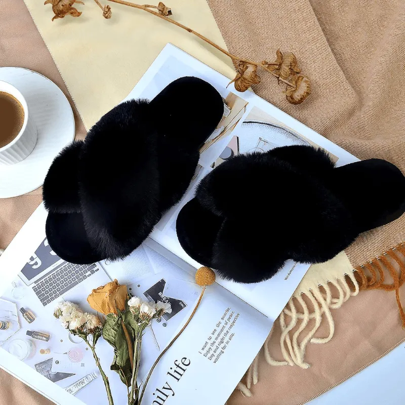 Faux Fur Cross Slippers – Soft and Lightweight Fit