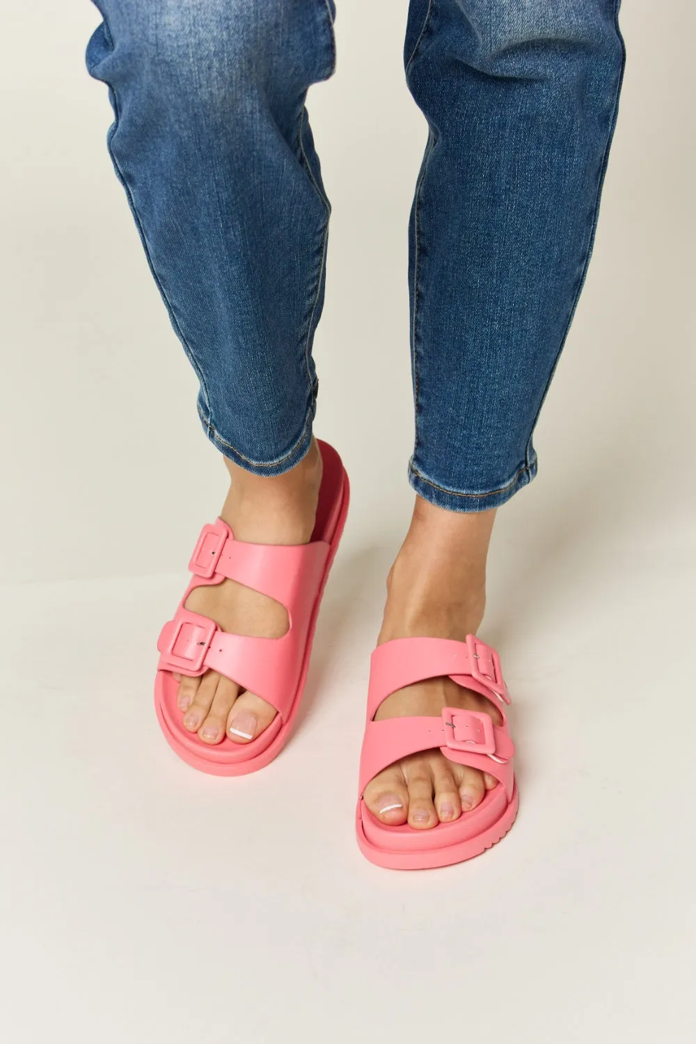 Legend Double Buckle Pink Flat Open Toe Slide On Flat Comfy Sandals