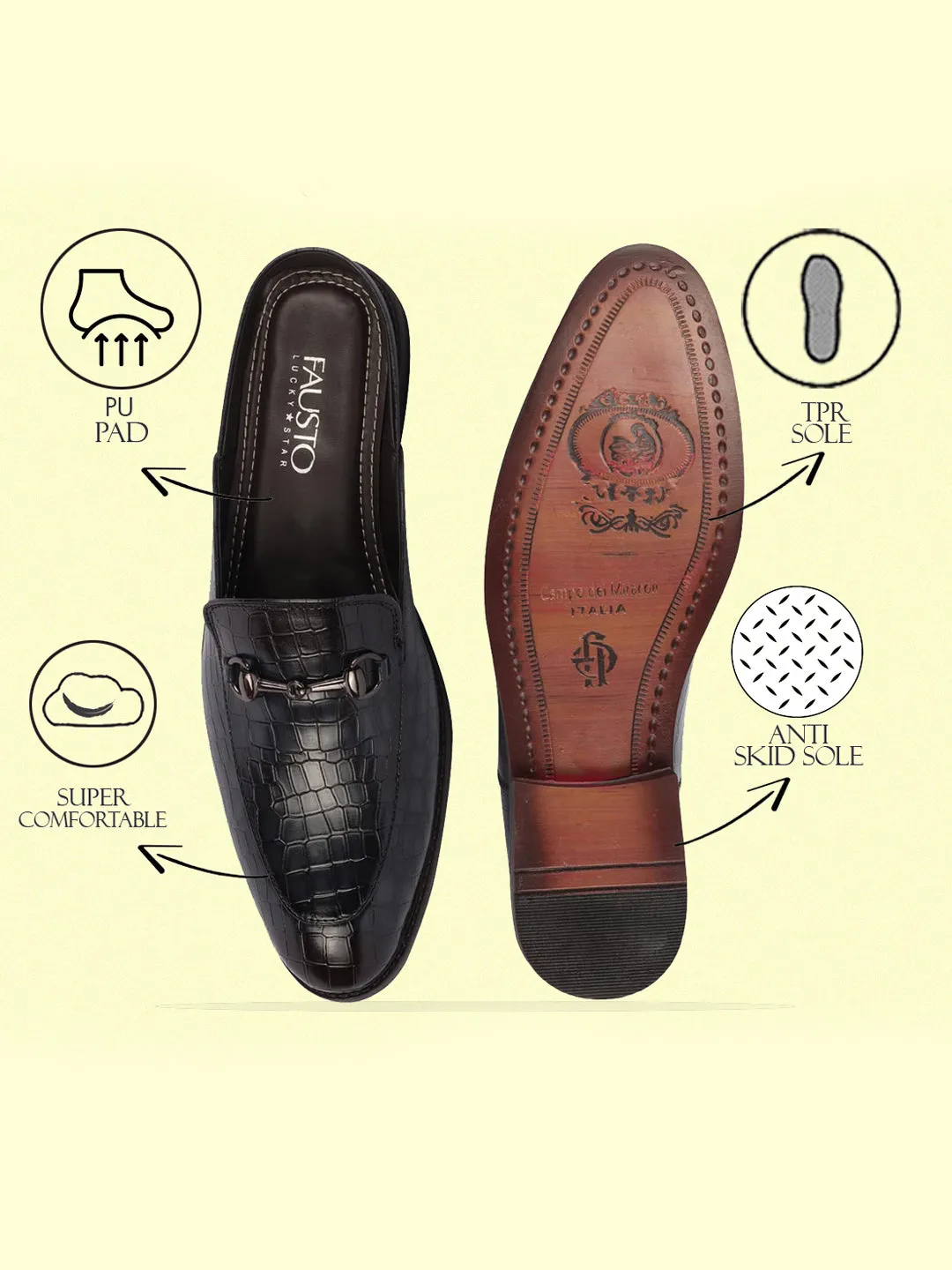 Men Blue Embossed Leopard Print Design with Horsebit Buckle Ethnic Party Back Open Slip On Mules Shoes