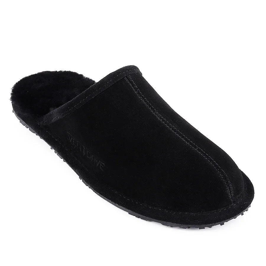 Mens Ven Dave Leather / Black Fur Slippers