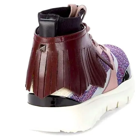 Miz Valentino Garavani Purple Pink Moccasin Fringe Knit Training Sneaker