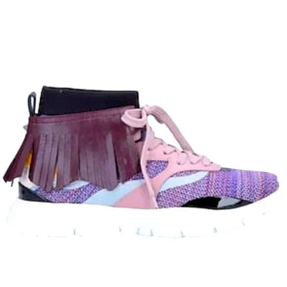 Miz Valentino Garavani Purple Pink Moccasin Fringe Knit Training Sneaker