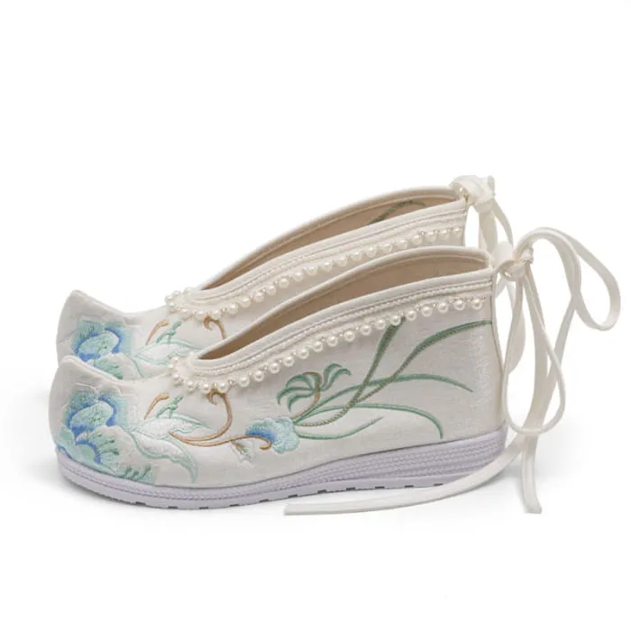 Vintage Embroidery Floral Print Pearl Trim Flats Shoes