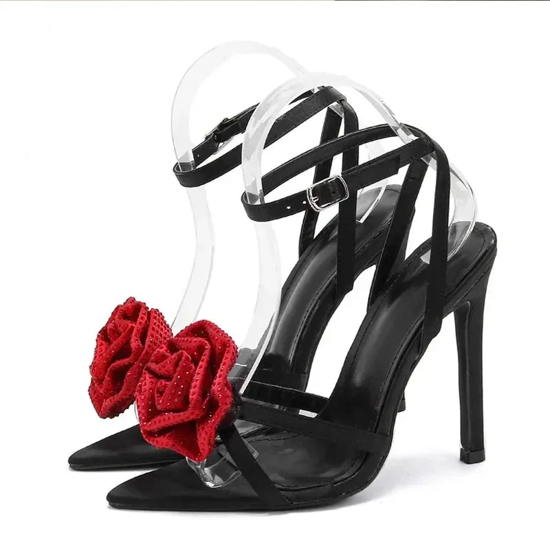Women's ankle strap rose diamante Thin High Heel sandals
