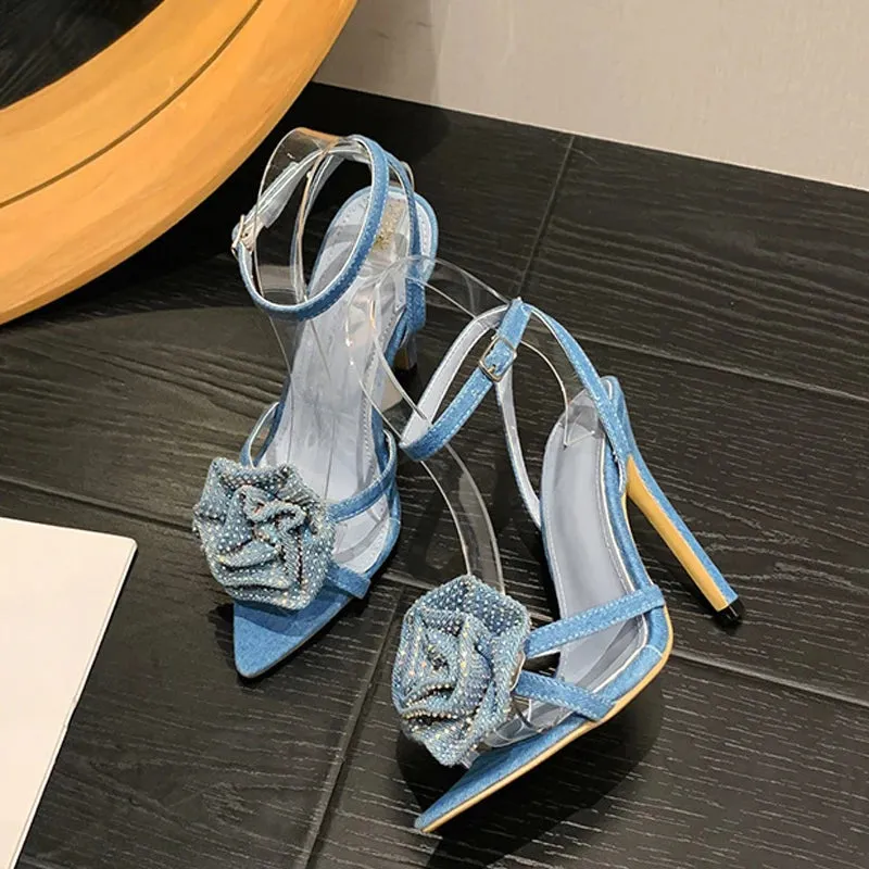 Women's ankle strap rose diamante Thin High Heel sandals