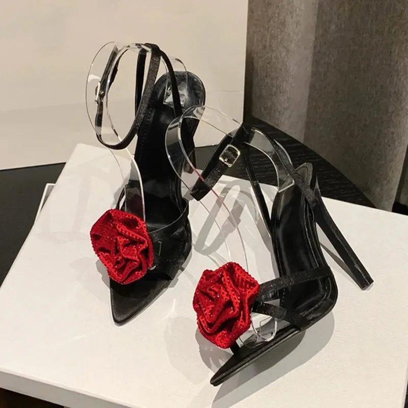 Women's ankle strap rose diamante Thin High Heel sandals