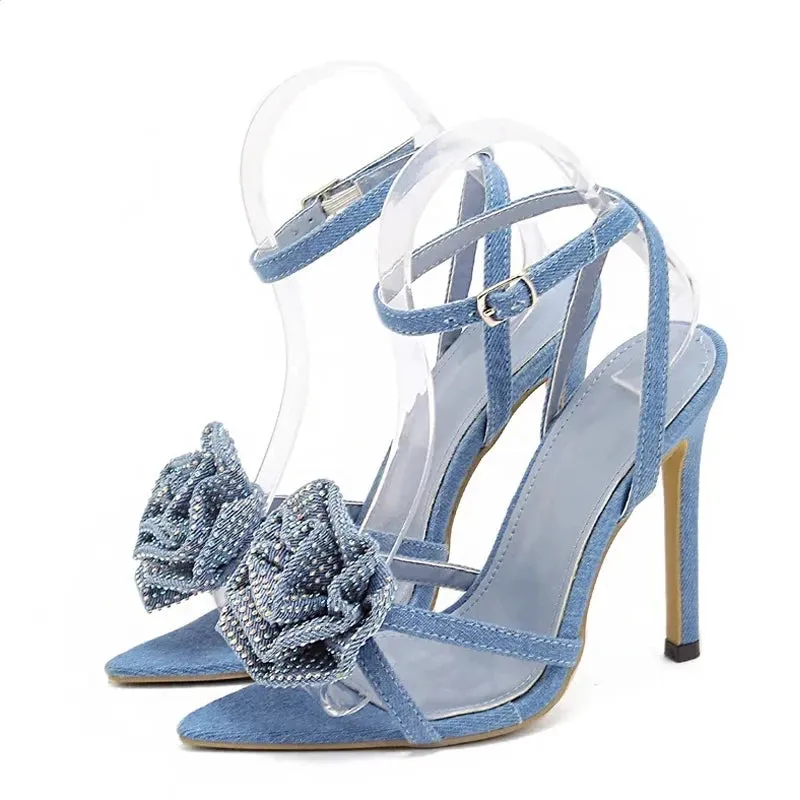 Women's ankle strap rose diamante Thin High Heel sandals